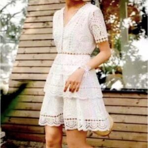 Lace Eyelet White V-Neck Tiered Dress